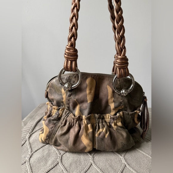 VTG B. Makowsky Caroline Bag Camouflage Bronze Leather Braided Double Handles - Picture 3 of 11